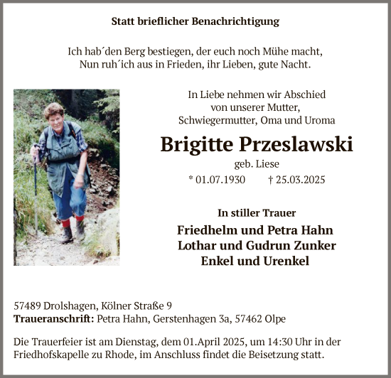 Todesanzeige von Brigitte Przeslawski von WA