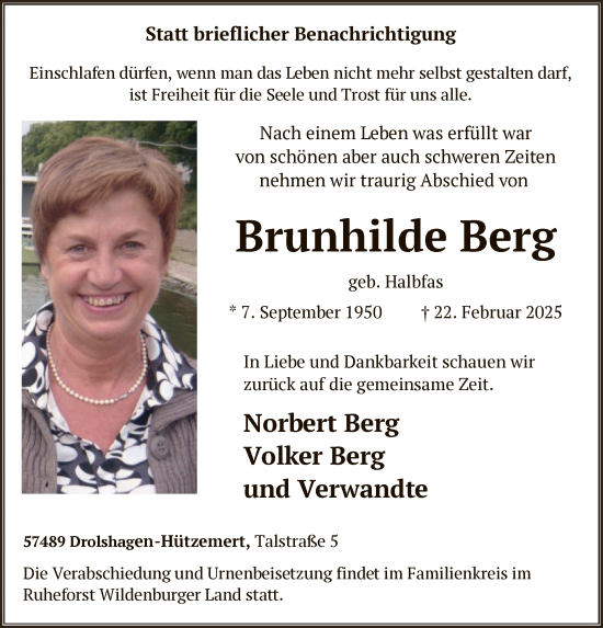 Todesanzeige von Brunhilde Berg von WA