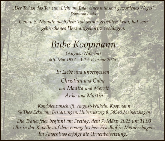 Todesanzeige von Bube Koopmann von WA