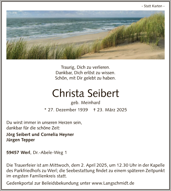 Todesanzeige von Christa Seibert von WA