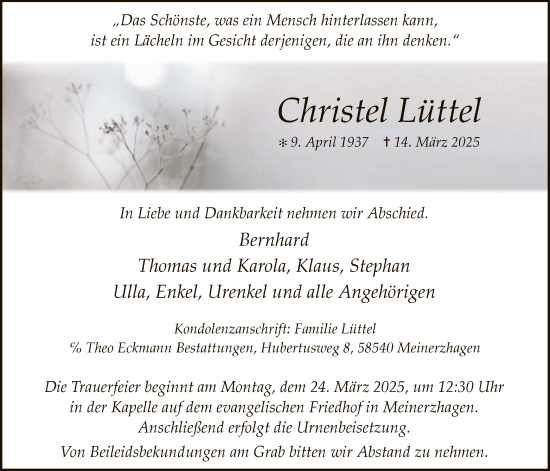 Todesanzeige von Christel Lüttel von WA
