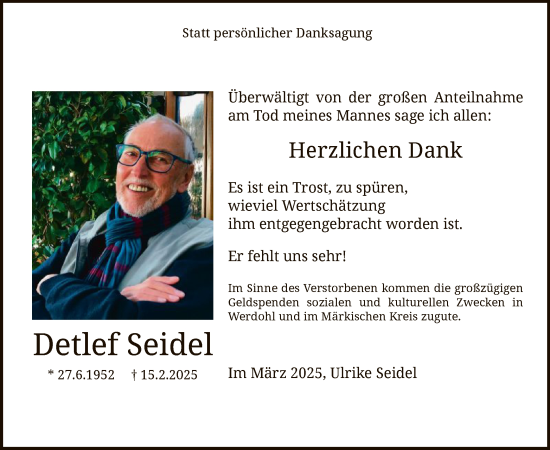 Todesanzeige von Detlef Seidel von WA