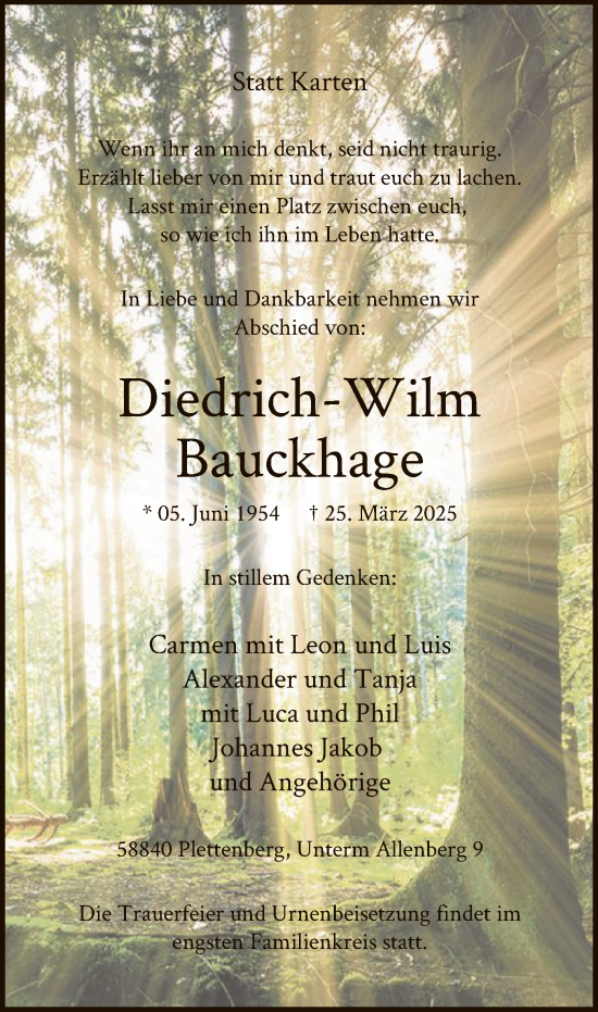Todesanzeige von Diedrich-Wilm Bauckhage von WA