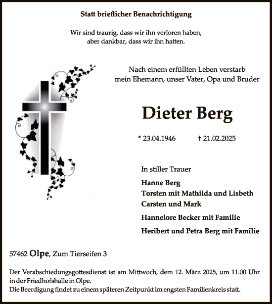 Todesanzeige von Dieter Berg von WA