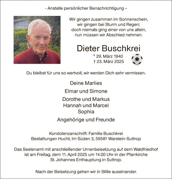 Todesanzeige von Dieter Buschkrei von WA
