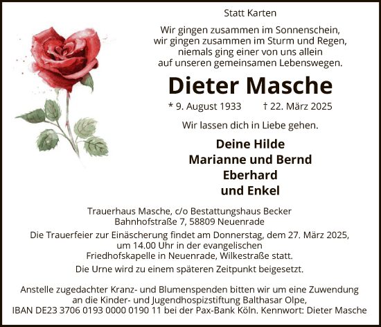 Todesanzeige von Dieter Masche von WA
