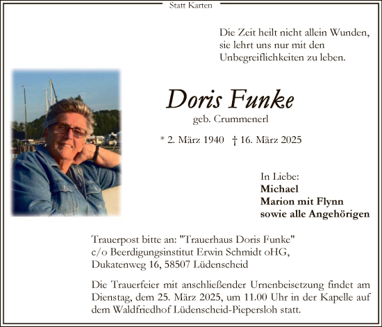 Todesanzeige von Doris Funke von WA