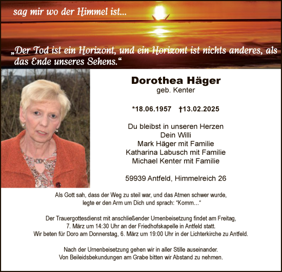 Todesanzeige von Dorothea Häger von WA