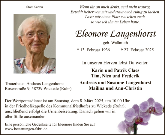 Todesanzeige von Eleonore Langenhorst von WA