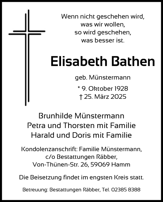 Todesanzeige von Elisabeth Bathen von WA