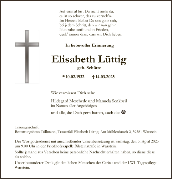 Todesanzeige von Elisabeth Lüttig von WA