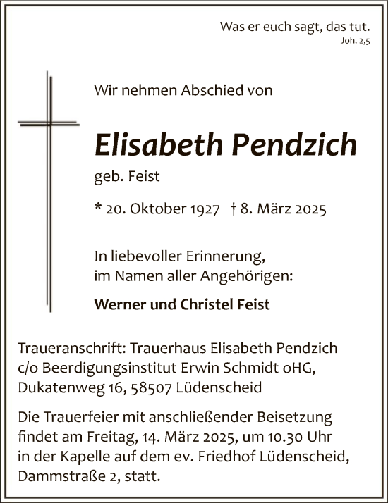 Todesanzeige von Elisabeth Pendzich von WA