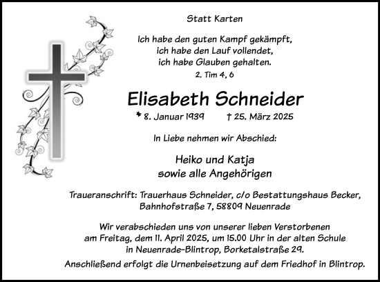 Todesanzeige von Elisabeth Schneider von WA