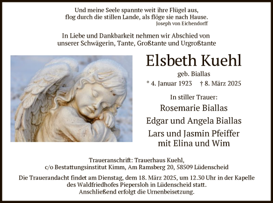Todesanzeige von Elsbeth Kuehl von WA