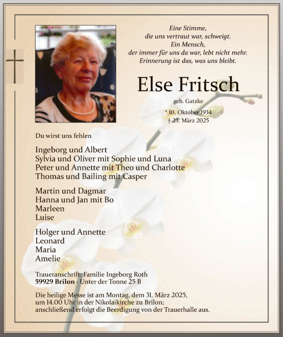Todesanzeige von Else Fritsch von WA
