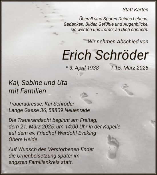Todesanzeige von Erich Schröder von WA