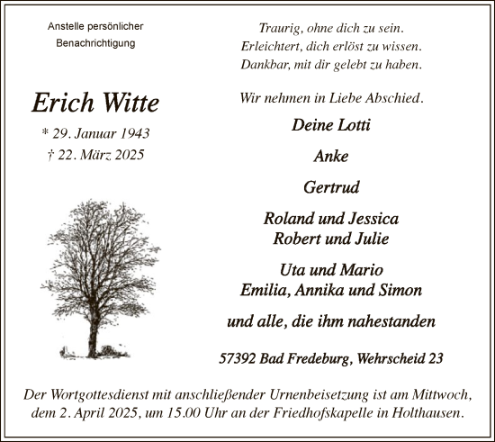 Todesanzeige von Erich Witte von WA