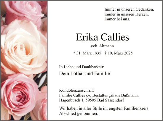 Todesanzeige von Erika Callies von WA