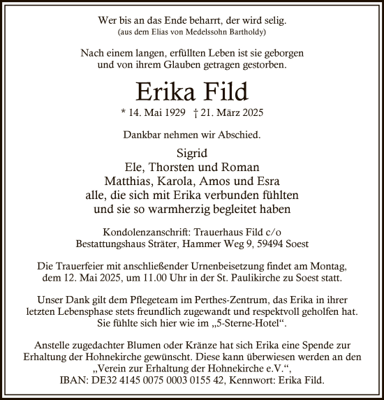 Todesanzeige von Erika Fild von WA