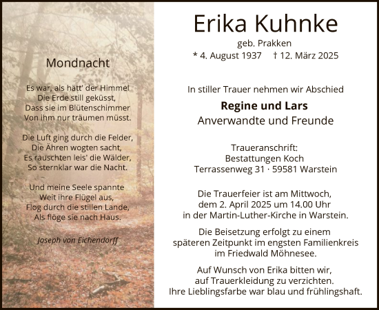 Todesanzeige von Erika Kuhnke von WA