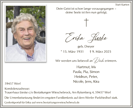 Todesanzeige von Erika Lieske von WA
