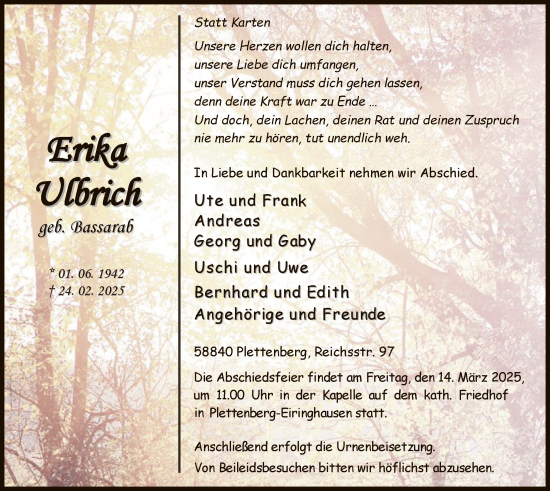 Todesanzeige von Erika Ulbrich von WA
