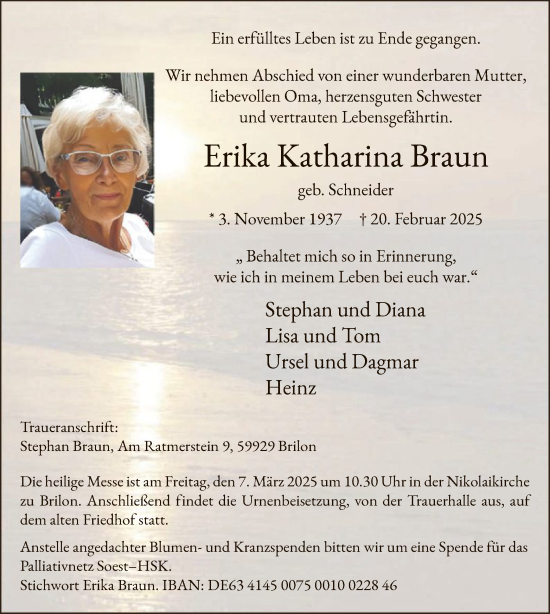 Todesanzeige von Erika Katharina Braun von WA