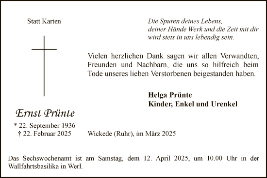Todesanzeige von Ernst Prünte von WA