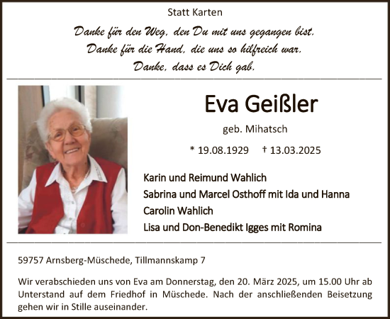 Todesanzeige von Eva Geißler von WA