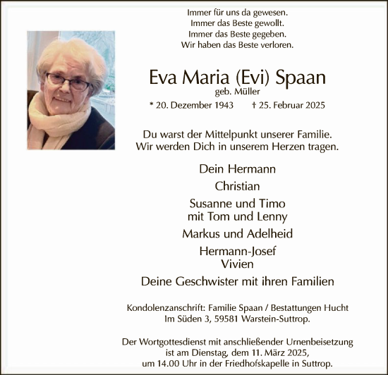 Todesanzeige von Eva Maria Spaan von WA