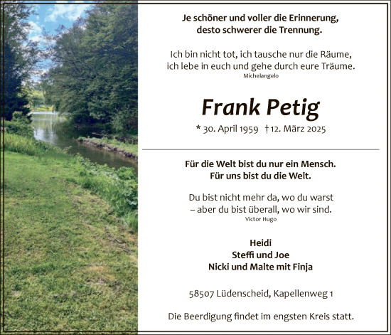 Todesanzeige von Frank Petig von WA