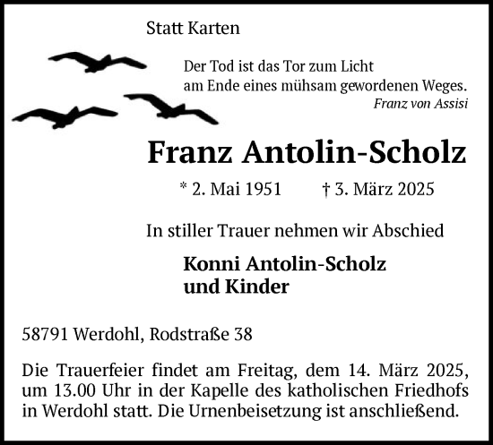 Todesanzeige von Franz Antolin-Scholz von WA