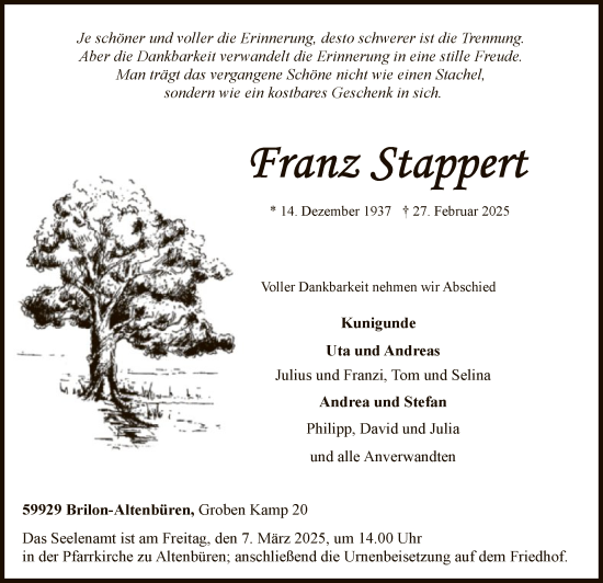 Todesanzeige von Franz Stappert von WA