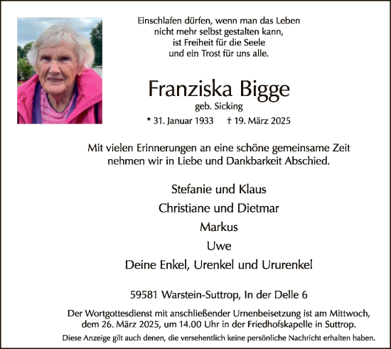 Todesanzeige von Franziska Bigge von WA