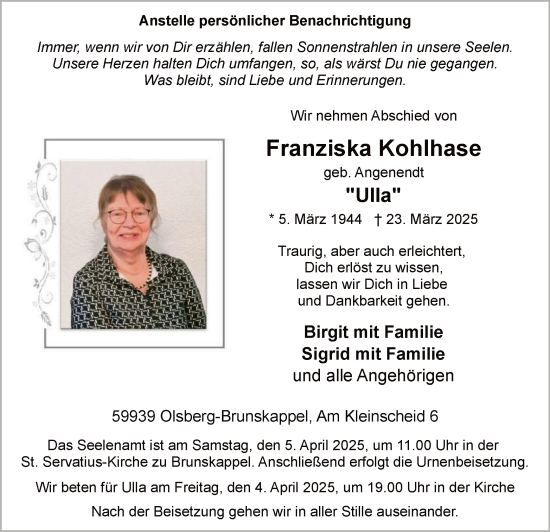 Todesanzeige von Franziska Kohlhase von WA