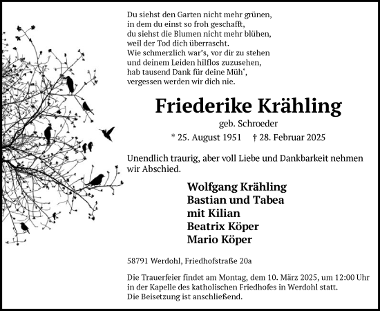 Todesanzeige von Friederike Krähling von WA