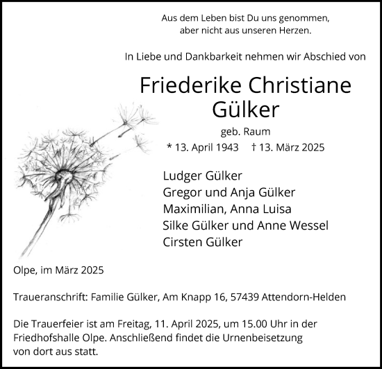 Todesanzeige von Friederike Christiane Gülker von WA