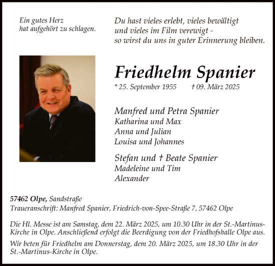 Todesanzeige von Friedhelm Spanier von WA