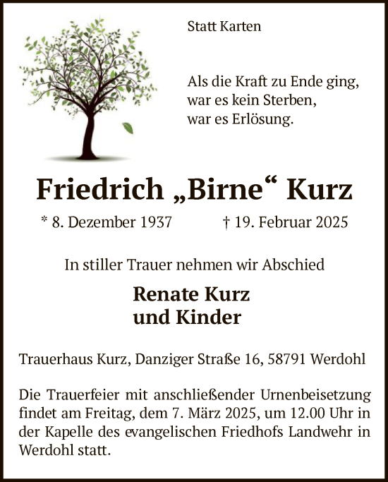 Todesanzeige von Friedrich Kurz von WA