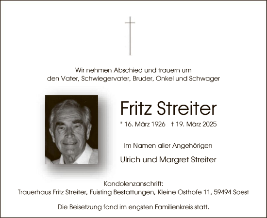 Todesanzeige von Fritz Streiter von WA