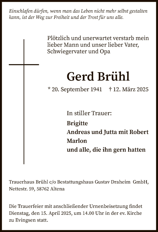Todesanzeige von Gerd Brühl von WA