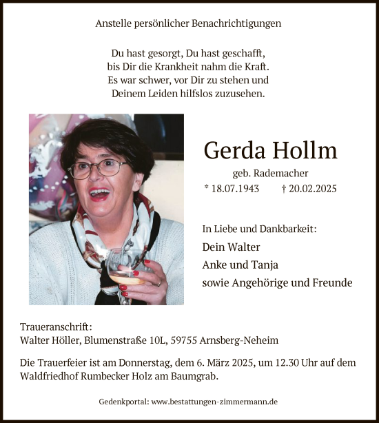 Todesanzeige von Gerda Hollm von WA