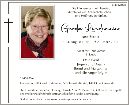 Todesanzeige von Gerda Lindemeier von WA