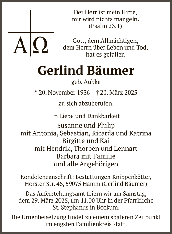 Todesanzeige von Gerlind Bäumer von WA