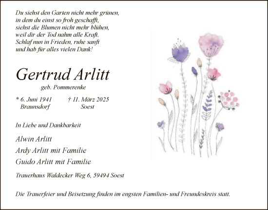 Todesanzeige von Gertrud Arlitt von WA