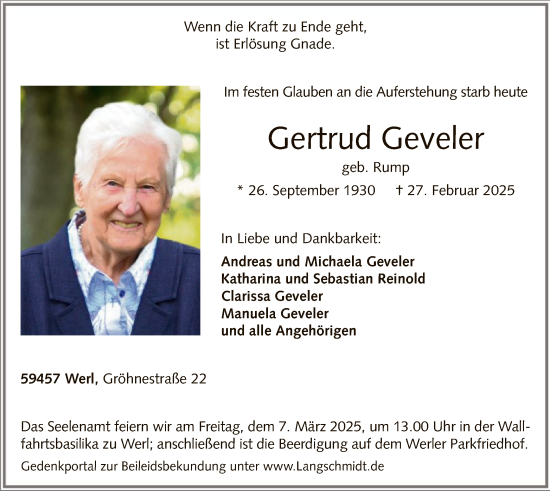 Todesanzeige von Gertrud Geveler von WA