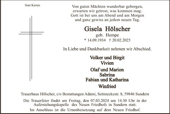 Todesanzeige von Gisela Hölscher von WA