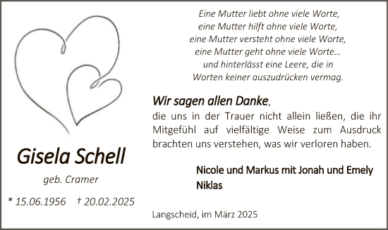 Todesanzeige von Gisela Schell von WA