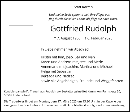 Todesanzeige von Gottfried Rudolph von WA