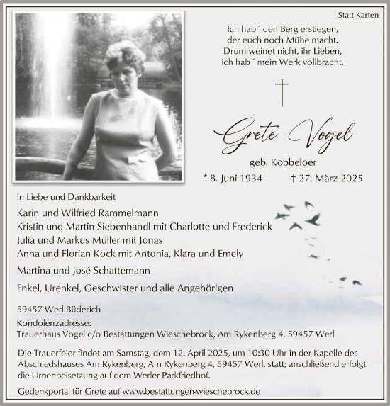 Todesanzeige von Grete Vogel von WA